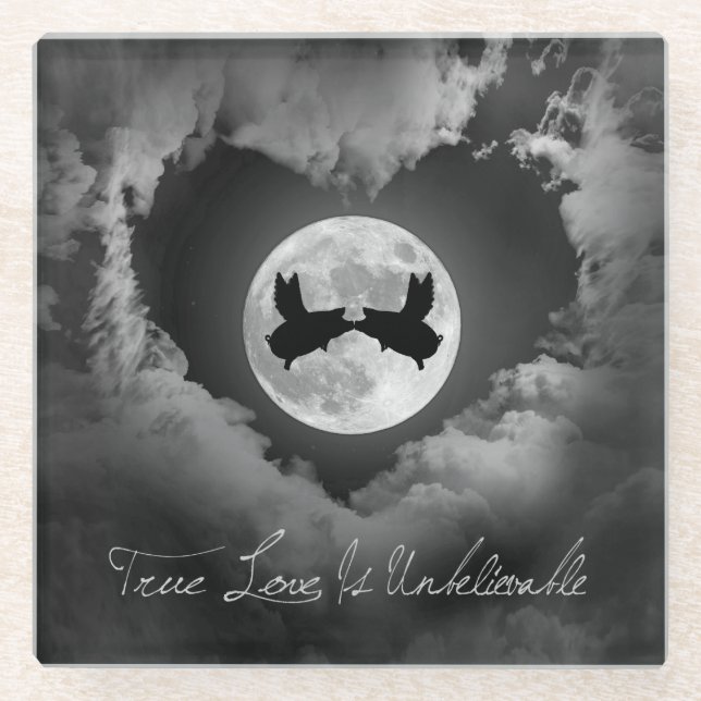 True Love Is Unbelievable-Flying Pigs Kissing Glass Coaster (Front)