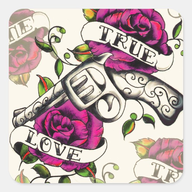 True Love Old school pistol tattoo art. Square Sticker (Front)