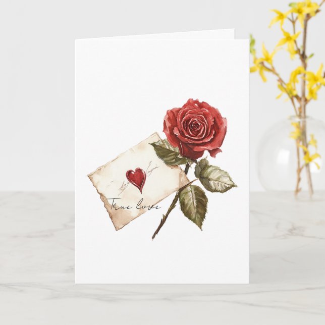 True Love Red Rose Letter Heart Card (Yellow Flower)