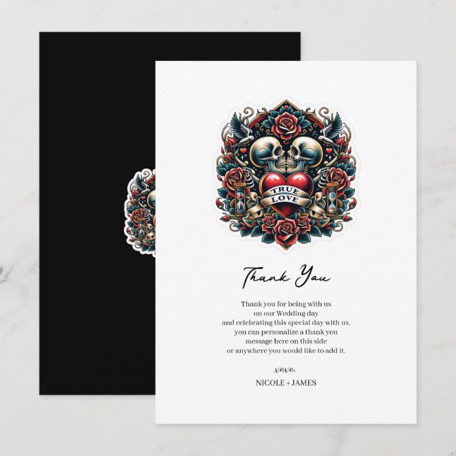 True Love Skeleton Heart Tattoo Wedding Thank You Invitation (Front/Back)