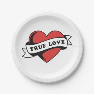 True Love Tattoo Heart   Classic Romance Design Paper Plate