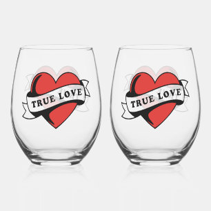 True Love Tattoo Heart   Classic Romance Design Stemless Wine Glass