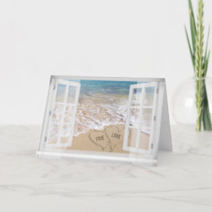 True Love text in beach sand hearts Card