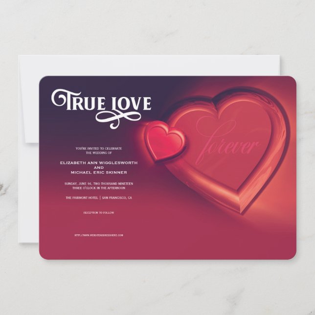 True Love, Two Hearts, Red Wedding Invitation (Front)