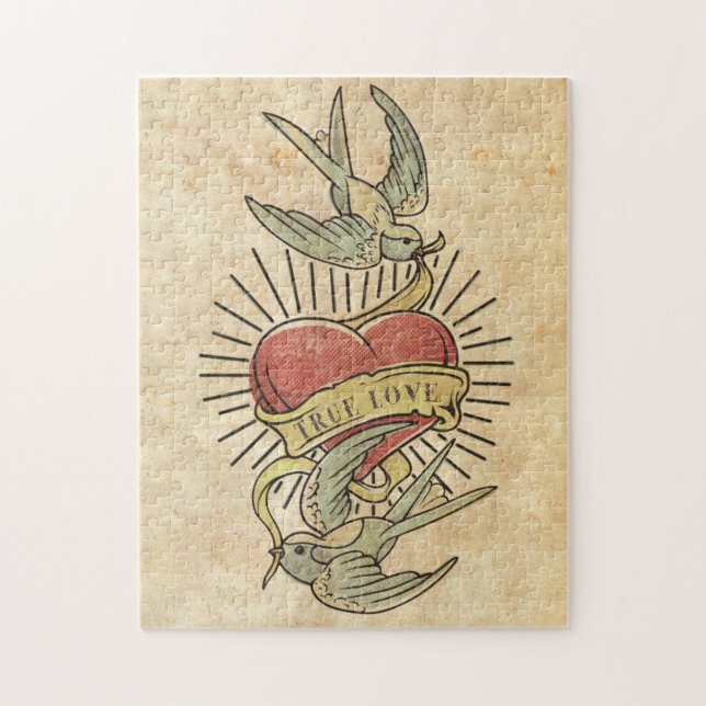 True Love | Vintage Tattoo Birds with Heart Jigsaw Puzzle (Vertical)