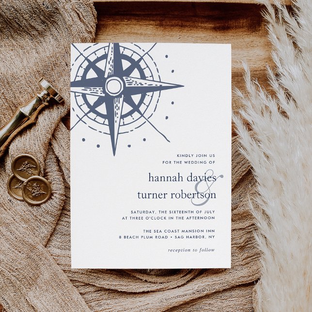 True North | Coastal Blue Compass Wedding Invitation (Creator Uploaded)