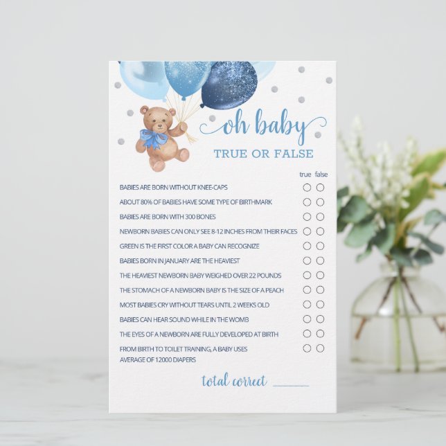 True Or False Facts Game Baby Shower Teddy Bear  (Standing Front)
