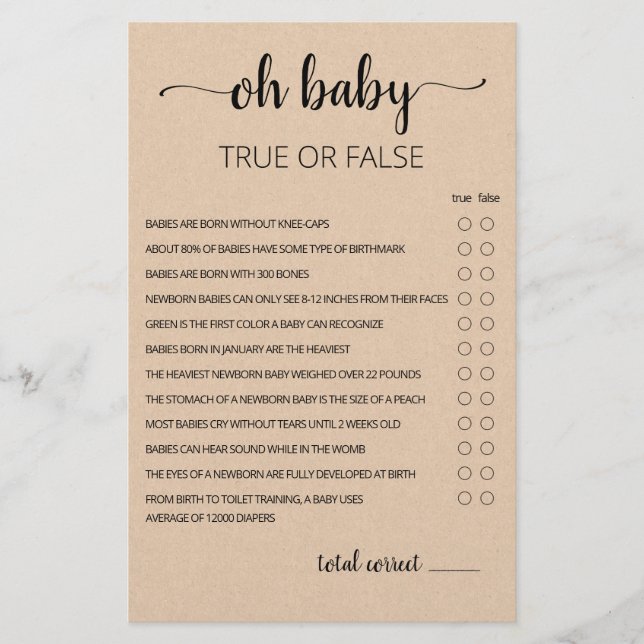 True or False Game Baby Trivia game with Answers (Front)