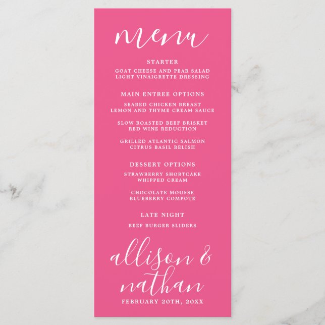 True Simplicity 1 Carnation Pink Minimal Wedding Menu (Front)