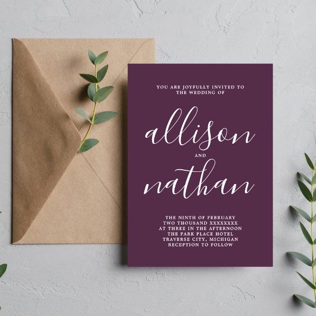 True Simplicity 1 Plum Script Minimalist Wedding Invitation (Creator Uploaded)