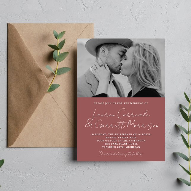 True Simplicity 3 Modern Marsala Photo Wedding Invitation (Creator Uploaded)