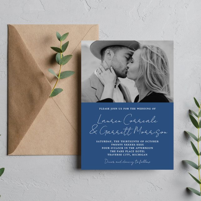 True Simplicity 3 Modern True Blue Photo Wedding Invitation (Creator Uploaded)
