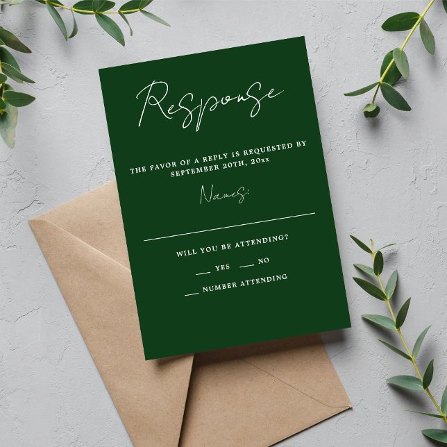 True Simplicity 3 Script Minimal Evergreen Wedding RSVP Card (Creator Uploaded)