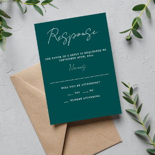 True Simplicity 3 Script Minimal Peacock Wedding RSVP Card