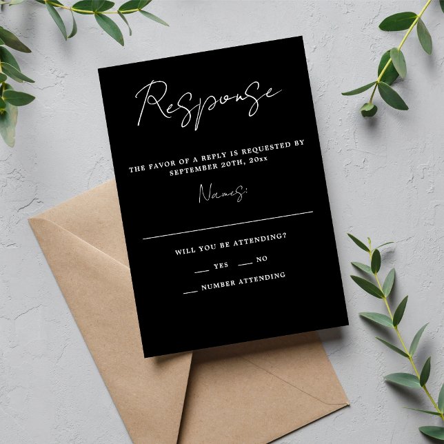 True Simplicity 3 Script Minimalist Black Wedding RSVP Card (Creator Uploaded)