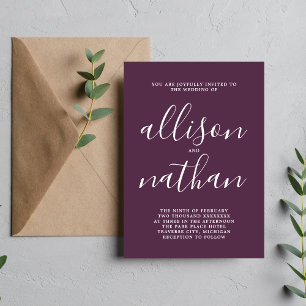 True Simplicity Plum Script Minimalist Wedding Invitation