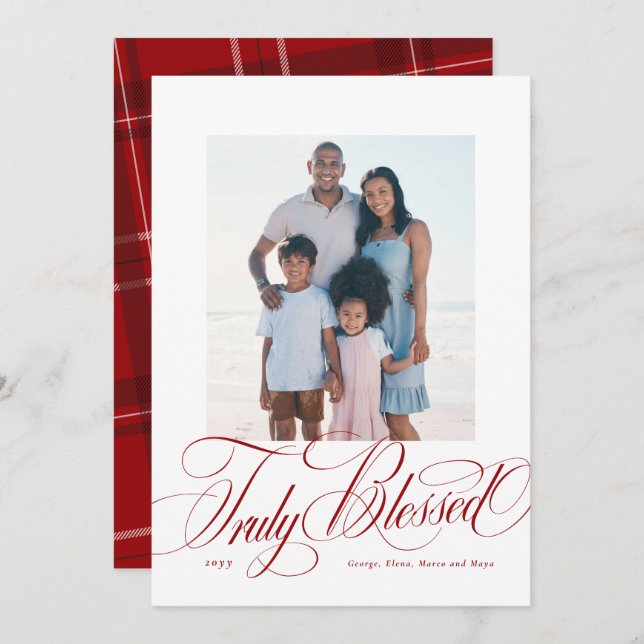 Truly blessed red religious Christmas photo Holiday Card (Front/Back)