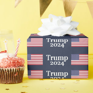 Trump 2024 American Flag on Blue Wrapping Paper