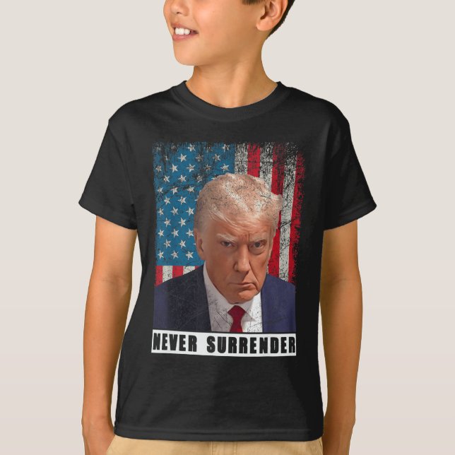 Trump 2024 Mug Shot President Never Surrender Flag T-Shirt (Front)