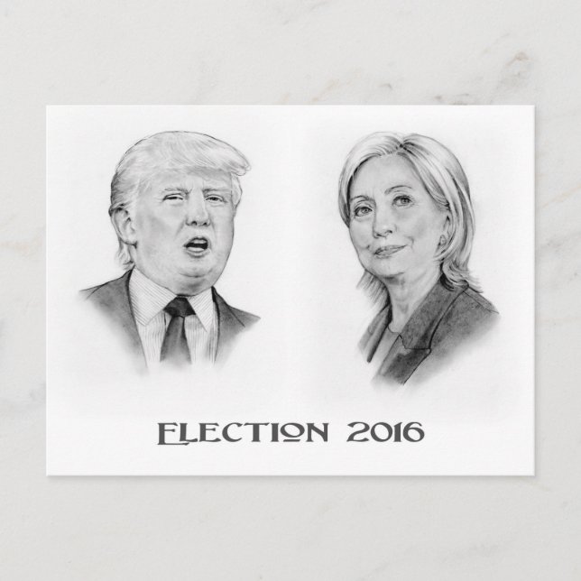 Trump and Hillary Pencil Portraits, Election 2016 Postcard (Front)