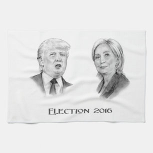 Trump and Hillary Pencil Portraits, Election 2016 Tea Towel