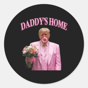 Trump Blowing Bubble Holding Flowers Pink Daddy's  Classic Round Sticker