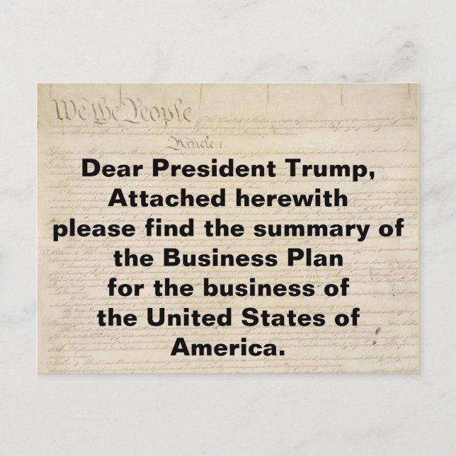 Trump Constitution is the USA Business Plan Postcard (Front)