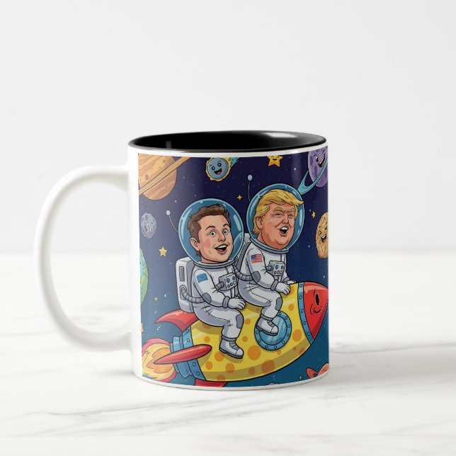 Trump & Elon Space Adventure, Cosmic Journey Two-Tone Coffee Mug (Left)