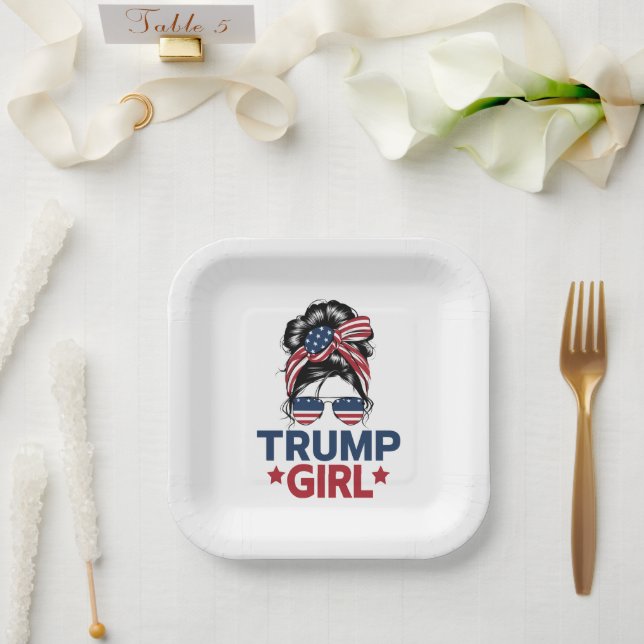 Trump Girl Messy Bun Trump 2024 Election American  Paper Plate (Wedding)