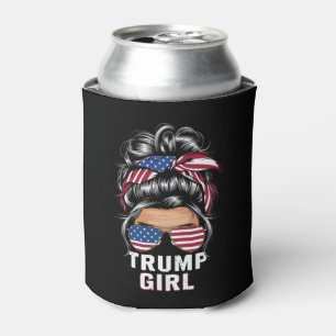 Trump Girl Messy Bun USA Flag Trump 2024 Election Can Cooler