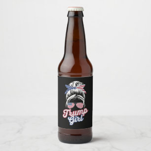 Trump Girl Messy Bun Vintage USA American Flag Beer Bottle Label