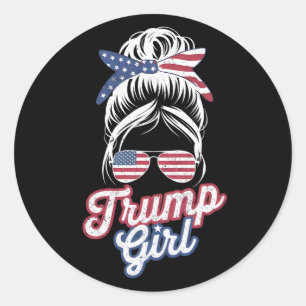 Trump Girl Messy Bun Vintage USA American Flag Classic Round Sticker