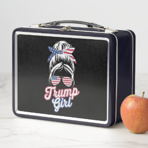 Trump Girl Messy Bun Vintage USA American Flag Metal Lunch Box