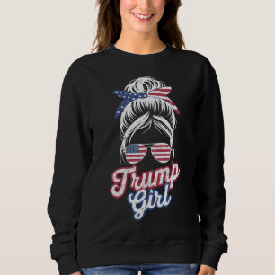 Trump Girl Messy Bun Vintage USA American Flag Sweatshirt