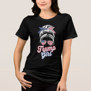 Trump Girl Messy Bun Vintage USA American Flag Tri-Blend Shirt