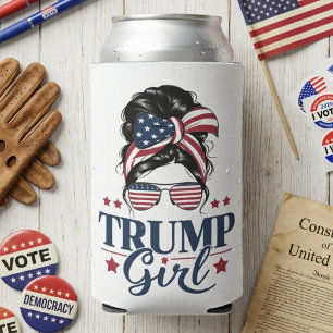 Trump Girl Patriotic Messy Bun American Flag Can Cooler