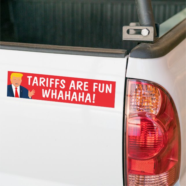 Trump having fun with tariffs political cartoon bumper sticker (On Truck)