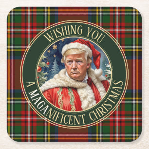Trump MAGA Christmas Royal Stewart Tartan Plaid Square Paper Coaster