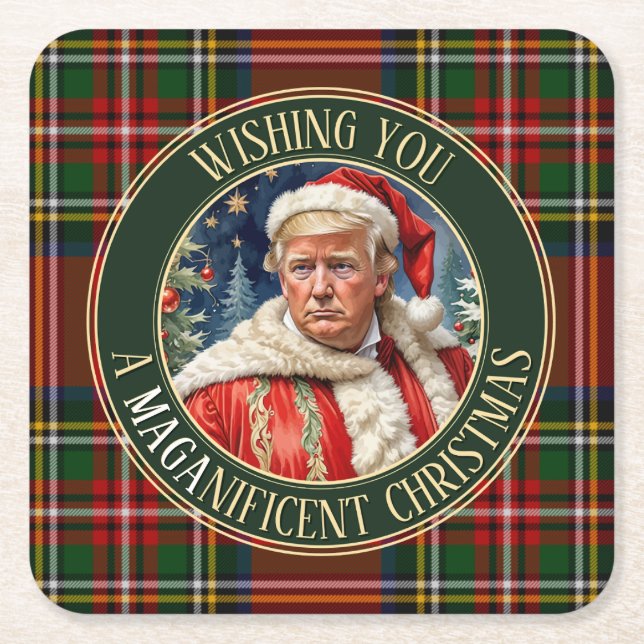 Trump MAGA Christmas Royal Stewart Tartan Plaid Square Paper Coaster (Front)
