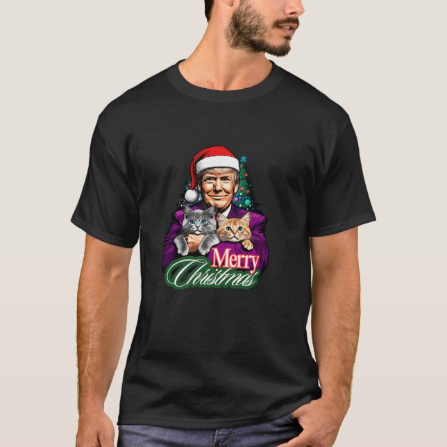 Trump Merry Christmas Funny Cats Kittens Festive T-Shirt (Front)