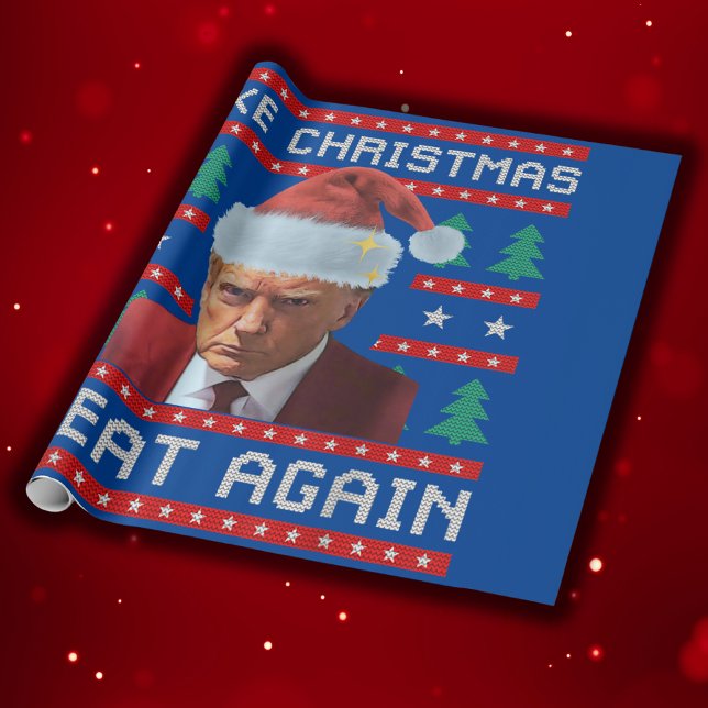 Trump Mug Shot Make Christmas Great Again Blue Wrapping Paper (Creator Uploaded)