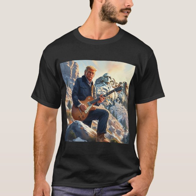 Trump Playing Electric Guitar Mount Rushmore MAGA T-Shirt (Front)
