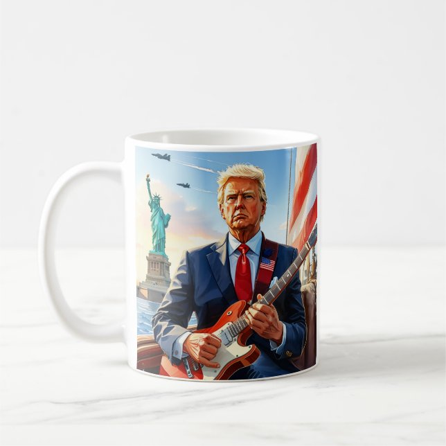 Trump Playing Electric Guitar Statue Liberty Flag Coffee Mug (Left)