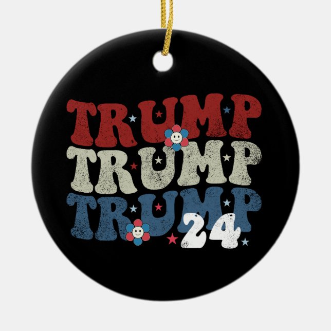 Trump Retro Groovy Flower 24 2024 Election Ceramic Tree Decoration (Front)