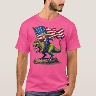 Trump Riding A Dinosaur T-Rex Trump In American Fl T-Shirt