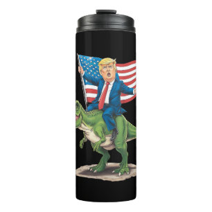 Trump Riding Dinosaur T Rex USA American Flag Thermal Tumbler