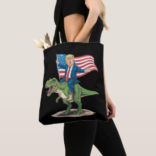 Trump Riding Dinosaur T Rex USA American Flag Tote Bag