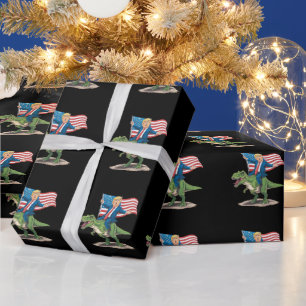 Trump Riding Dinosaur T Rex USA American Flag Wrapping Paper