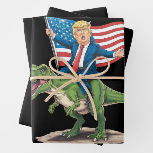 Trump Riding Dinosaur T Rex USA American Flag Wrapping Paper Sheet
