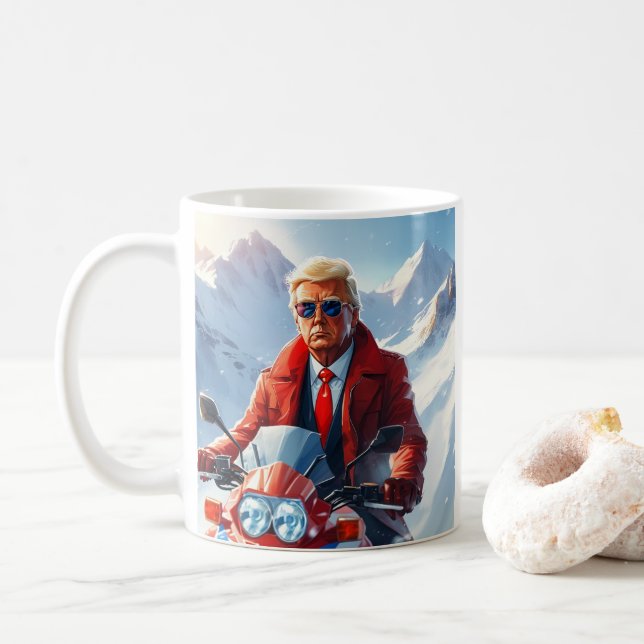 Trump Riding Motorcycle in Winter Christmas MAGA Coffee Mug (With Donut)